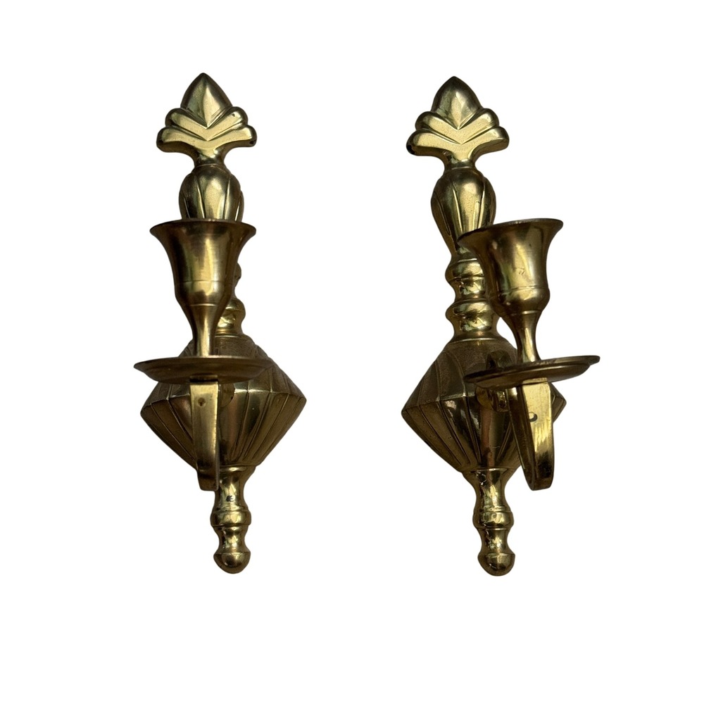 Vintage‎ Solid Brass Wall Sconce Candle Holders Pair Fleur De Lis Gold Set of 2
